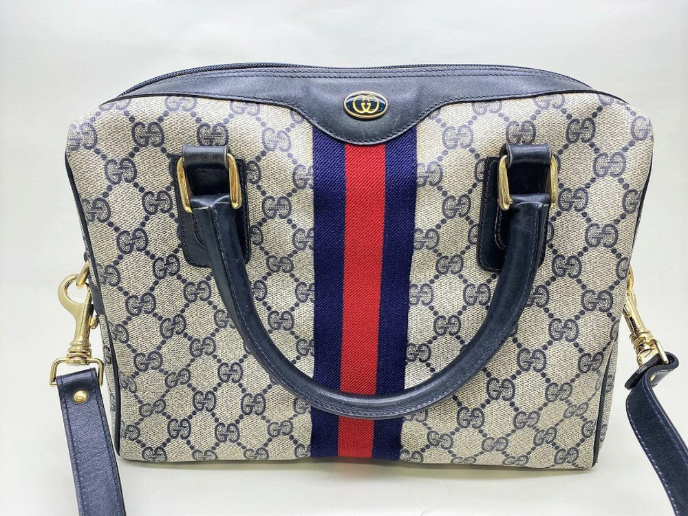 Gucci Handbag Sherry Shoulder Bag GG Supreme Navy Blue Beige Leather